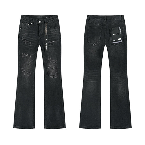 Purple Brand Rhinestone Distressed Flared Jeans in Washed Black